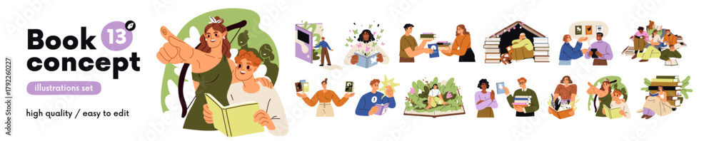 Naklejka premium Happy readers with books concept set. People read fiction, fantasy, fairytale, education and business literature. Imagination, wisdom, knowledge. Flat vector illustrations isolated on white background