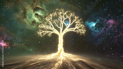 Glowing Tree of Life Standing on a Gentle Hill Beneath a Nebulous Cosmic Sky