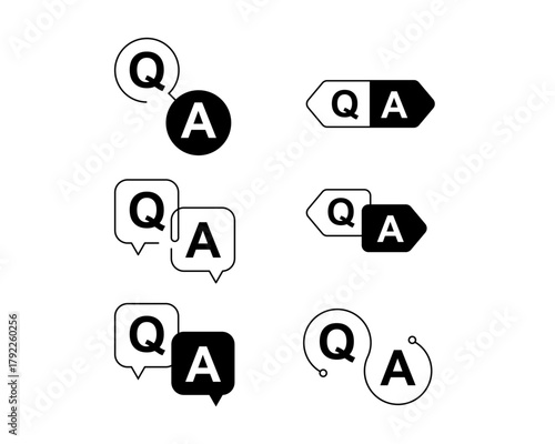 モノクロの Q&A (質問と回答) アイコンセット ベクター：FAQ、コミュニケーション、ヘルプのシンボル 企業資料