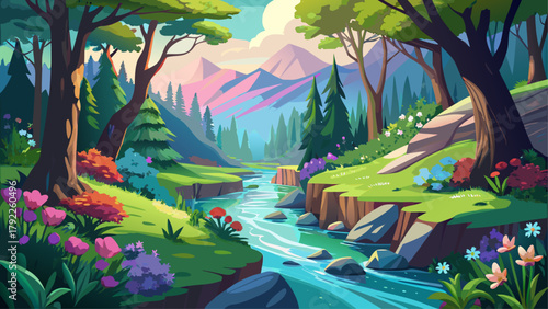 Very beautiful mesmerizing springtime at Pickle Creek in Hawn State Park, Missouri, featuring blooming wildflowers, vibrant green foliage, sparkling creek waters, and sunlight filtering through lush t