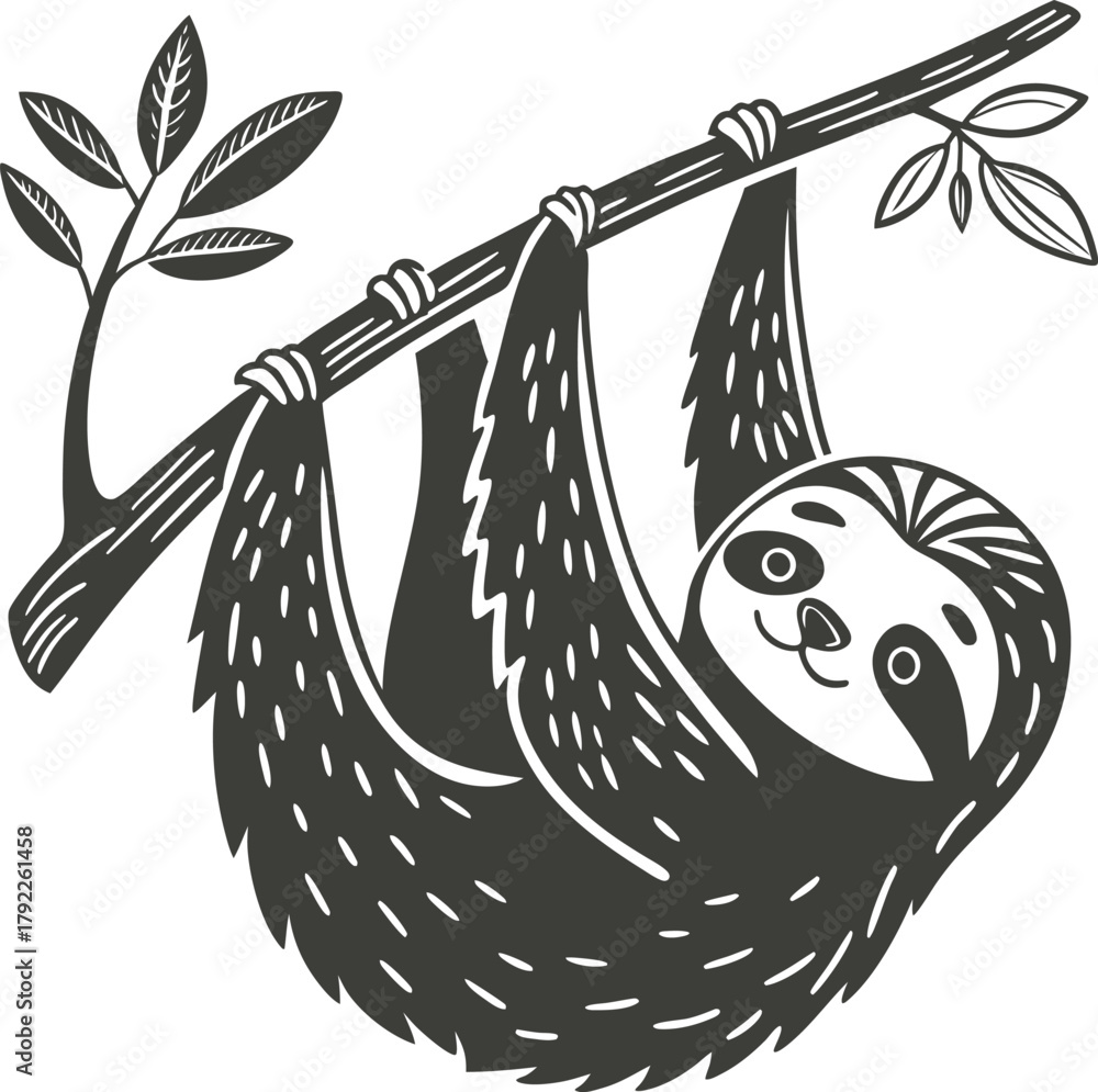 Naklejka premium Cute sloth hanging from a tree branch with leaves