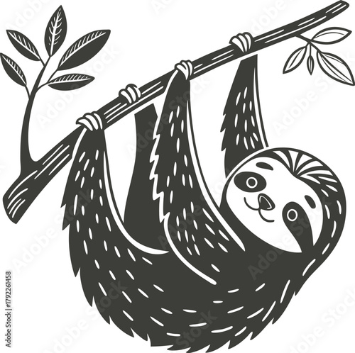 Cute sloth hanging from a tree branch with leaves
