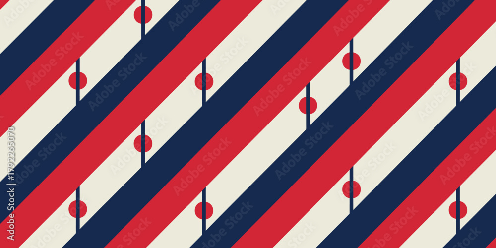 Obraz premium A repeating pattern of diagonal red white and blue stripes with red circles and thin black lines