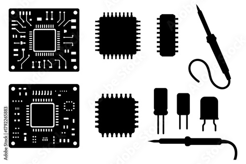 Silhouette of circuit boards and soldering tools with electronic components.
