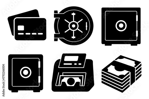 Black and white finance icons featuring safe, credit cards, currency, and money machines.