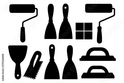 Black silhouettes of painting and tiling tools for home renovation projects.