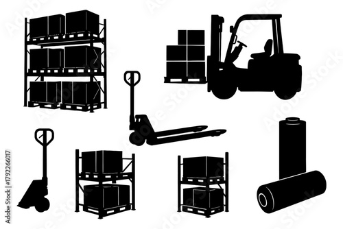 Warehouse equipment silhouettes: forklift, pallet jack, shelving, cartons, and packaging rolls.