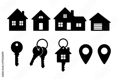 Set of house silhouettes with keys and location markers icons.