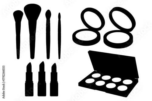 Silhouette of makeup tools: brushes, lipsticks, compacts, and palette.