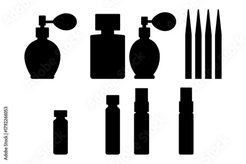 Silhouette of perfume bottles and lipsticks on white background.