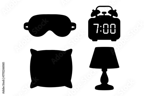 Silhouette of sleep accessories: mask, alarm clock, pillow, lamp.