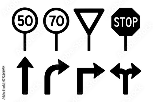 Set of traffic signs: speed limit, yield, stop, arrow directions.