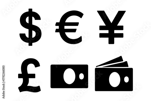 Currency symbols and money icons: dollar, euro, yen, pound.