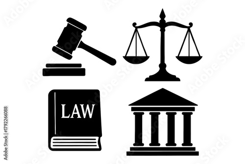 Law symbols: gavel, scales of justice, law book, courthouse icon set.