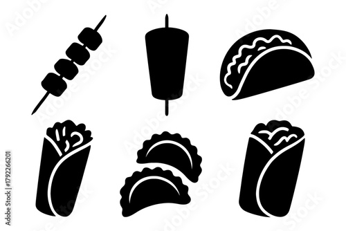 Silhouette icons of popular street foods: kebab, gyro, taco, burrito, wraps.