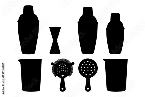 Silhouette collection of bartender tools including shaker and strainer.