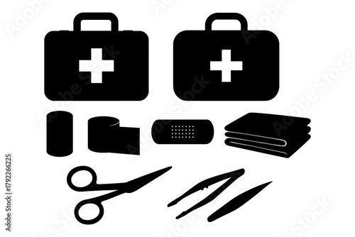 Silhouette of first aid kit essentials: bandages, scissors, tweezers, gauze.