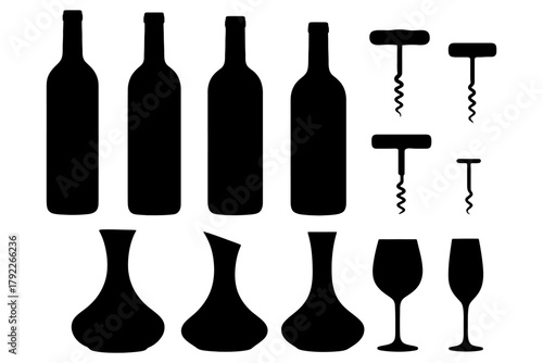 Silhouettes of wine bottles, corkscrews, decanters, and glasses in various shapes.
