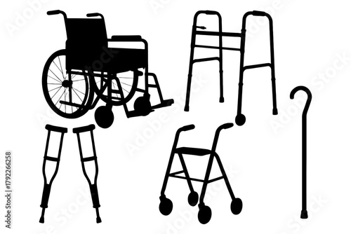 Mobility aids: wheelchair, walker, crutches, cane silhouettes for accessibility.