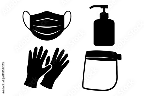 Essential protective gear: face mask, hand sanitizer, gloves, face shield.