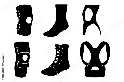 Set of orthopedic supports and braces for ankle, knee, and back.