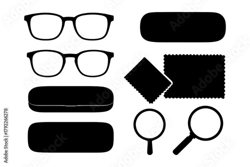 Eyeglasses accessories set with cases and cleaning cloths.