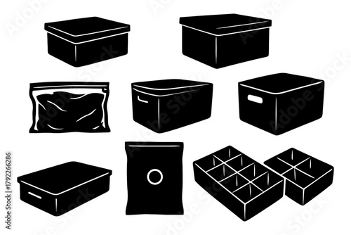 Collection of various black storage boxes and bags on white background.