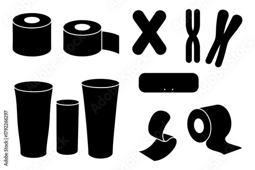 Set of black and white silhouettes of various household items including tubes and rolls.