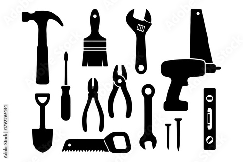 Silhouette collection of essential hand tools including hammer, wrench, screwdriver, and drill.