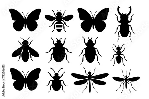 Collection of insect silhouettes including butterfly, beetle, and dragonfly.