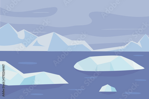 Calm sea with icebergs under a cloudy sky in a serene Arctic landscape