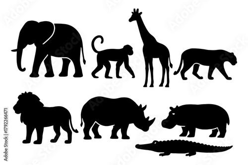 Silhouettes of iconic african safari animals in black and white.