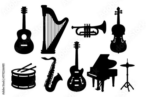Silhouette collection of musical instruments including guitar, piano, and violin.