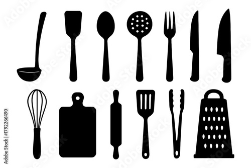 Collection of kitchen utensil silhouettes including ladle, spatula, and grater.