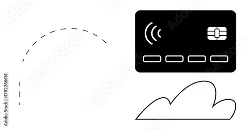 Contactless credit card with NFC waves above cloud graphics and dashed curve. Ideal for finance, cashless transactions, data storage, digital banking, e-commerce, cloud technology, simple flat