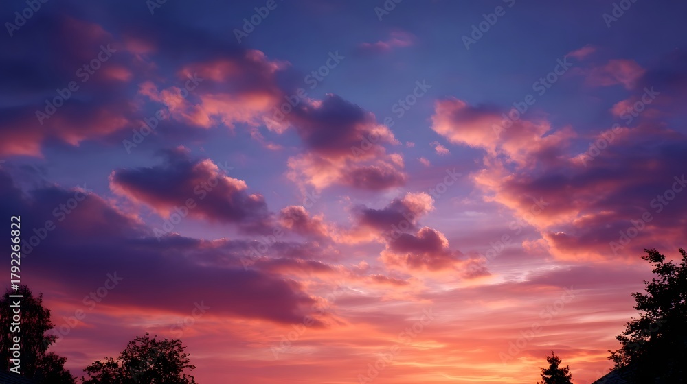 Obraz premium Dramatic sunset clouds paint the twilight sky with vibrant hues of pink purple and orange over silhouetted trees