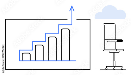 Office chair beside bar chart with upward arrow symbolizing growth, career progress, productivity, achievement, innovation, strategy, and efficiency. Ideal for business trends and success concepts in