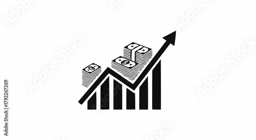Financial growth chart with money stacks and upward arrow representing success.