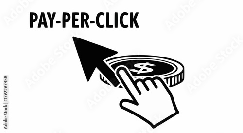 Pay Per Click advertising concept with hand cursor and dollar coin icon.