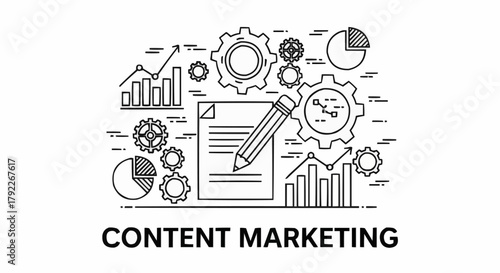 Content marketing strategy with gears, graphs, and a pencil for business growth.