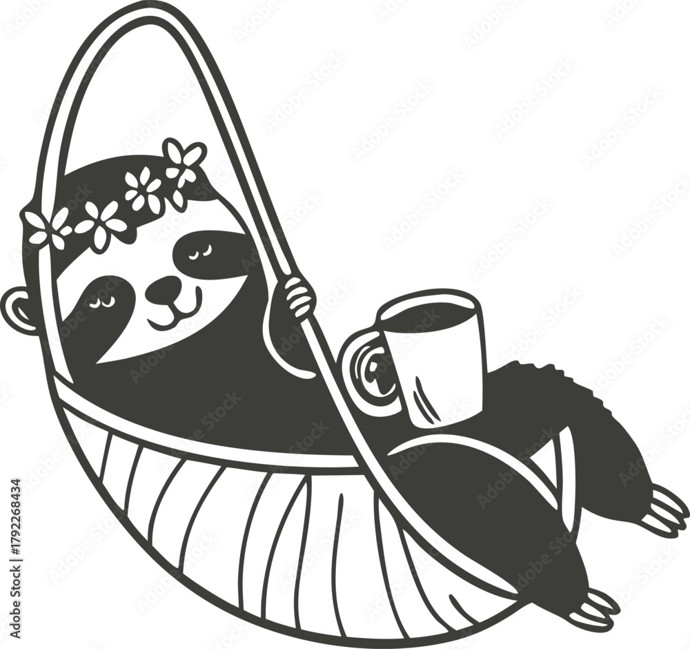 Naklejka premium Cute sloth relaxing in a hammock with a cup of coffee