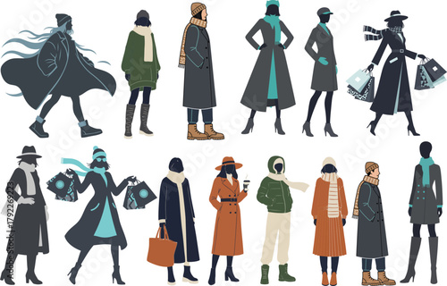 Modern Winter Fashion & Lifestyle Design Collection Silhouette Flat Color Vector Set. Perfect for fashion ads, seasonal campaigns, winter sale banners, product branding, and creative design projects.