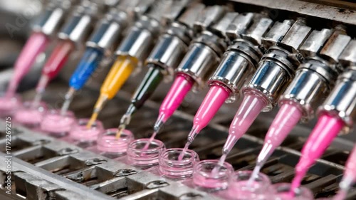 An industrial process shows tubes of varied colors dispensing liquids into small clear containers