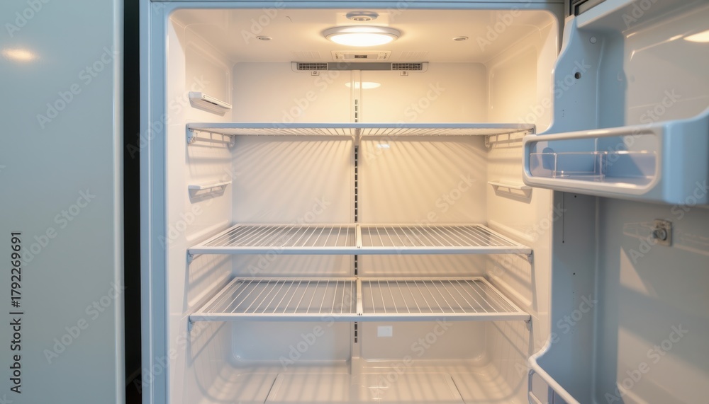 Fototapeta premium Empty refrigerator interior with shelves and lighting.