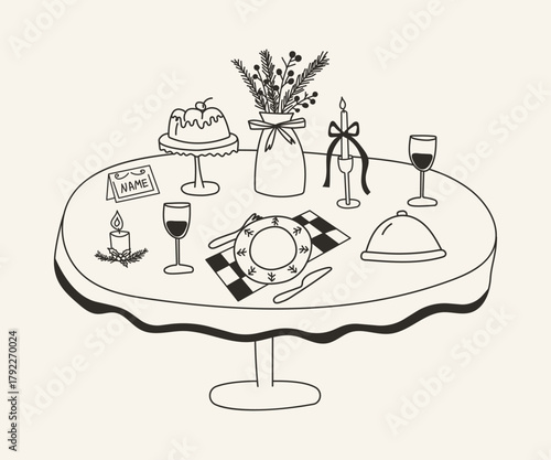 Christmas doodle dinner table with festive food, wine and holiday decorations. Hand drawn winter illustration for cards, invitations, menu or packaging.