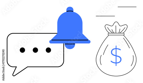 Blue notification bell merged with chat bubble and money bag with dollar sign representing financial alerts, communication, business updates. Ideal for finance, savings, investments, reminders
