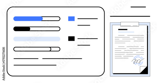 Progress indicators paired with a signed document on a clipboard suggest task tracking, workflow management, and agreements. Ideal for productivity, planning, analytics, organization. Minimal flat