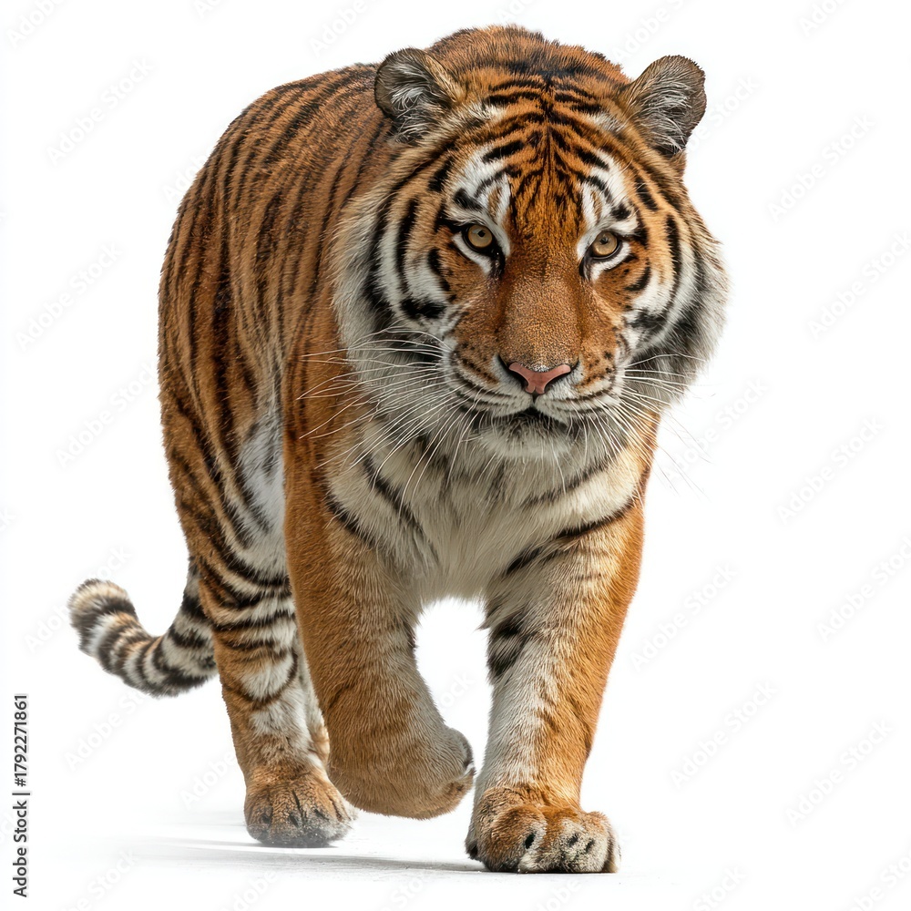 Obraz premium Alert Striped Tiger Walking Forward on White Background