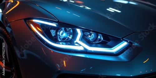 Sleek car headlight with modern design and vibrant reflections.