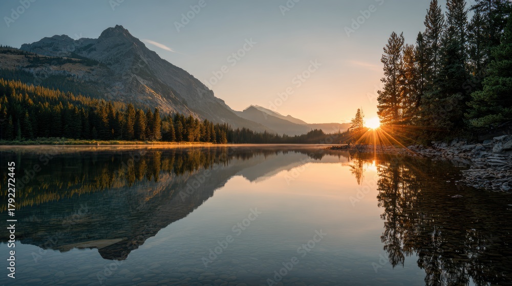 Fototapeta premium Sunrise Over Calm Lake with Mountain Reflection.